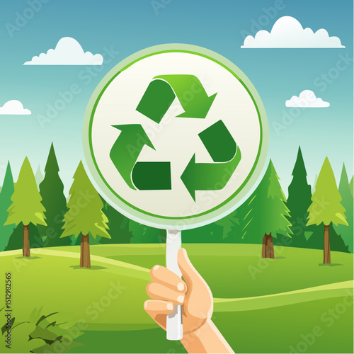 Nature-themed recycling signs held by hands in outdoor scenes.