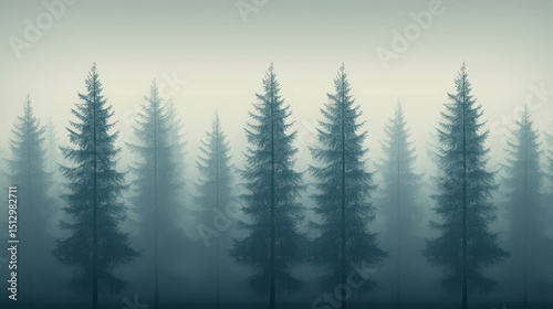 Misty Forest Landscape with Tall Pine Trees in Soft Focus Against a Gray Sky Background for Nature and Tranquility Concepts