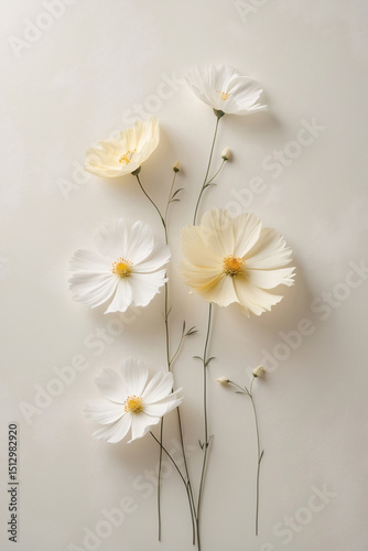 white cream background image with yellow cosmos flowers in minimalist natural arrangement for elegant floral stock content floral botanical wallpaper background