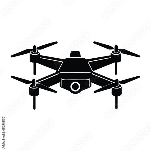 Black and white vector illustration of a modern drone aerial photography device