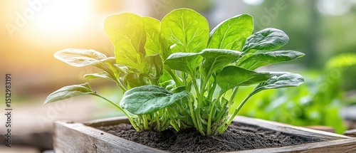 Fresh spinach plant in wooden planter