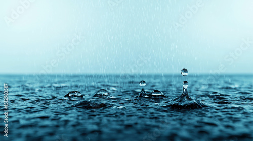 Calm water surface with raindrops creating circles, droplets splashing and reflecting light in a serene aquatic environment, evoking tranquility and peace