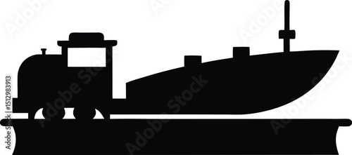 Black locomotive and construction machinery silhouettes for heavy transport and building industry illustrations
