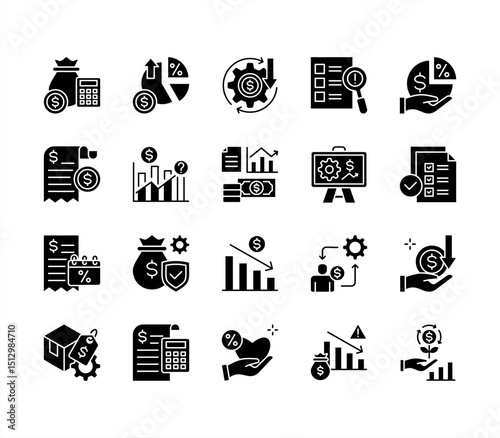 Financial projection icon collection set. Containing budget, forecast, revenue, expense, profit, loss, cashflow, investment, depreciation icon. Simplel flat vector illustration.	
