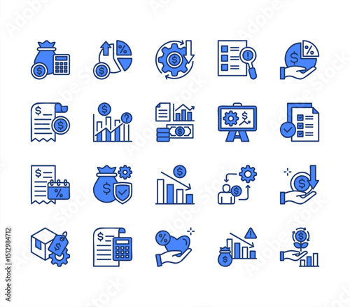 Financial projection icon collection set. Containing budget, forecast, revenue, expense, profit, loss, cashflow, investment, depreciation icon. Simplel ine vector illustration.	