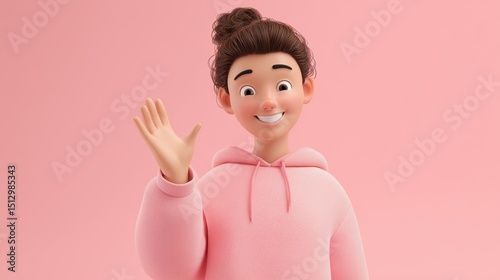 Smiling 3D Avatar Waving Cheerfully in a Soft Pink Background