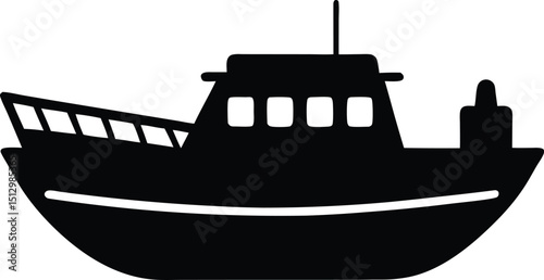 Black silhouette vector illustration of a cargo ship on the ocean
