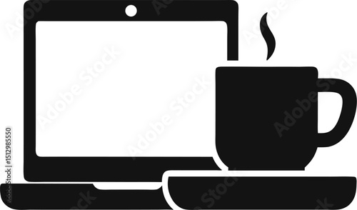A simple minimalist monochrome icon depicting a laptop and a steaming coffee cup on a saucer representing work break