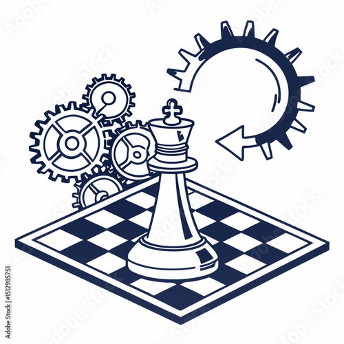 Chess strategy concept illustrating a complex mindset with gears and the king piece on a chessboard depicting planning and focus