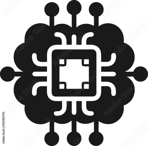 Conceptual representation of artificial intelligence and machine learning featuring a stylized brain and central processing unit vector illustration