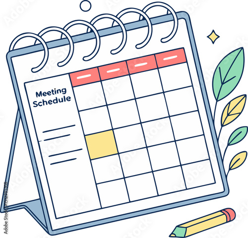 Illustrated calendar with a meeting schedule shows planning and organization with a pencil and leaves for office tasks and reminders in a clean style.