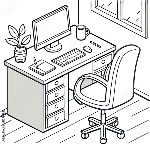 Isometric black and white workspace illustration featuring desk computer keyboard chair plant window and office stationary