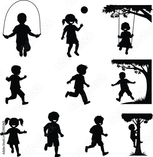 Playful silhouettes of children enjoying various outdoor activities and games in nature