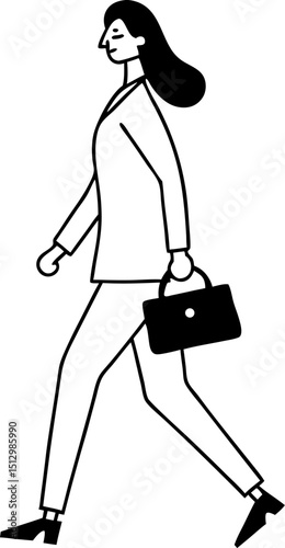Minimalist black and white illustration depicting a confident businesswoman walking with a handbag, representing professionalism and modern work life.