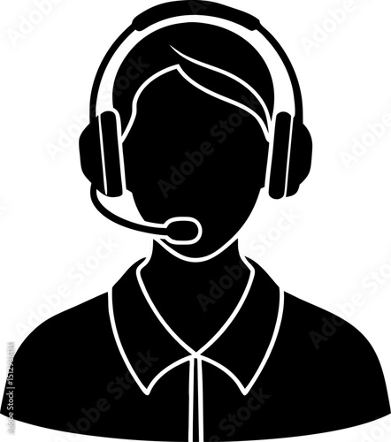 Simple black and white illustration of a customer service representative wearing a headset and collar suitable for various professional fields