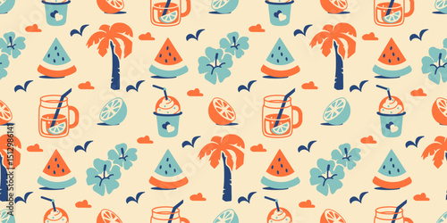 Colorful vacation seamless background featuring palm trees, watermelon slices, citrus drinks, and sea birds. Wide Retro tropical endless print. Fun flat style