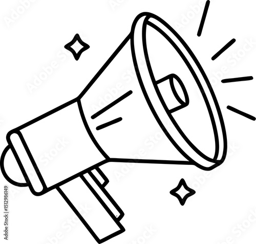 Simple black and white megaphone vector illustration with sound waves and starburst symbols announcing something loud and clear.