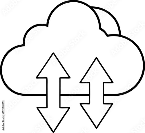 Simple black and white vector cloud icon with upload and download arrows representing data transfer and synchronization