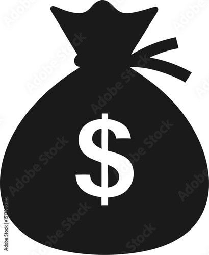Simple black and white vector illustration of a money bag icon representing finances and financial wealth for savings and investment concepts