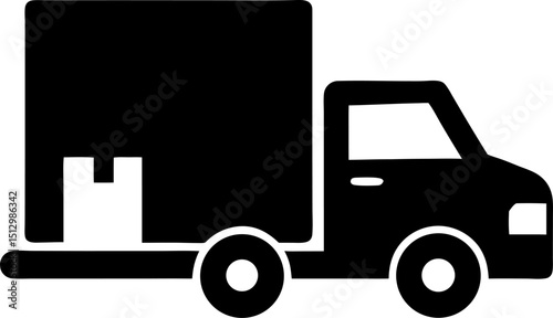 Vector illustration of a black and white delivery truck carrying boxes representing shipping transportation logistics and e-commerce concepts.