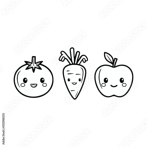 Kawaii-style icons of a tomato, carrot, and apple, with black lines, no grayscale, for coloring on a white background