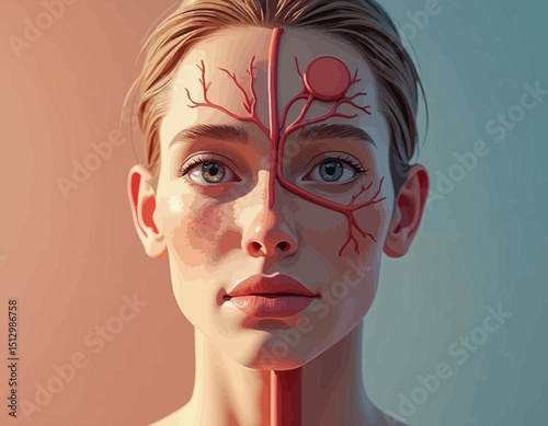 Closeup Portrait Of A Person With Detailed Vascular System Illustration On