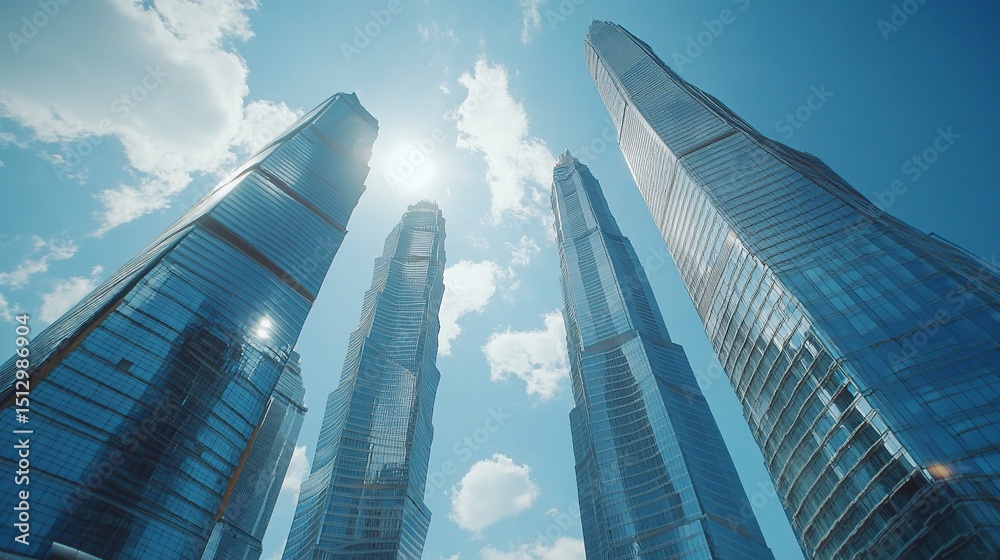Obraz premium Four towering skyscrapers reach towards a bright blue sky with scattered white clouds creating a modern cityscape view