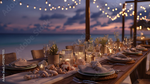 Romantic Beach Dinner Setting Sunset, Candles, and Seashells
