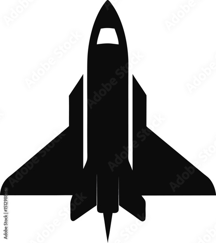 Futuristic jet aircraft symbol illustration of a flying missile or spaceship silhouette for business and military travel