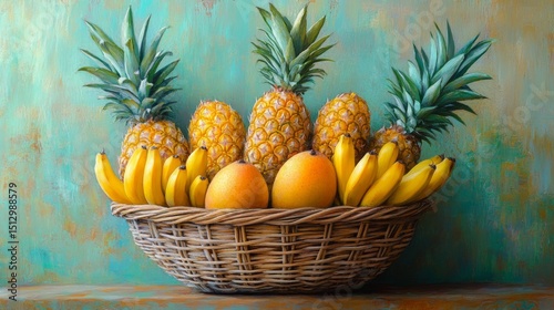 Tropical Delight: A Wicker Basket Overflowing with Pineapples, Bananas and Mangoes Against a Textured Blue-Green Background