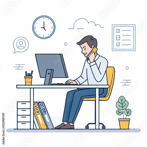 Office workplace with table, bookcase, window. Business man or a clerk working at her office desk. Flat vector illustration.