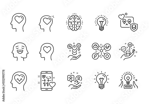 mental health and mindfulness icon set, includes icons of head with heart, calm expression, brain focus, light bulb idea, positive thinking, self-care symbol peaceful and thoughtful theme  vector icon