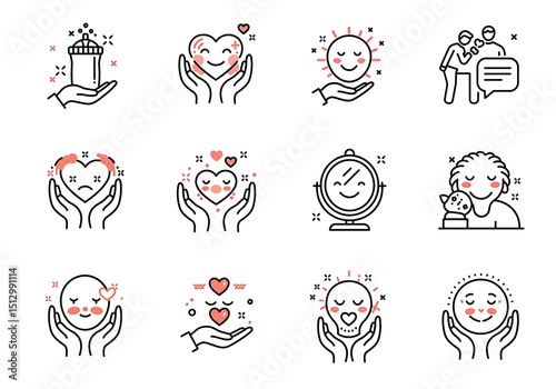 self love and kindness icon set, icons of hugging self, heart in hands, smiling face, mirror reflection, self-care bubble, emotional healing, clean thin lines. vector icons, flat design