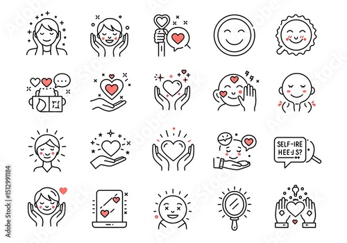 self love and kindness icon set, icons of hugging self, heart in hands, smiling face, mirror reflection, self-care bubble, emotional healing, clean thin lines. vector icons, flat design