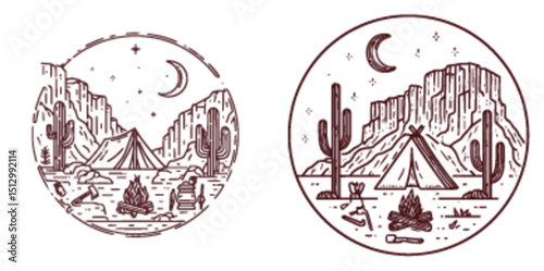 Detailed Line Art of Camping Scene with Tent and Campfire Elements