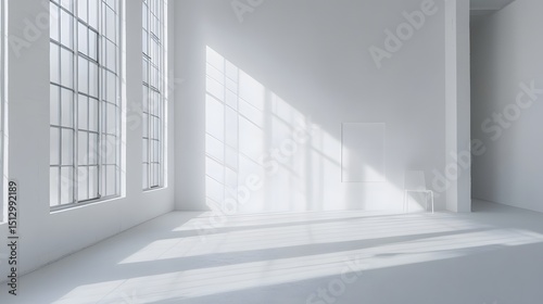 Sunlit, empty  space with large windows.