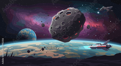 A large asteroid with glowing cracks floats in the vastness of space. The image represents the danger of cosmic objects and the mysteries of the universe, with a vibrant cosmic background and nearby p