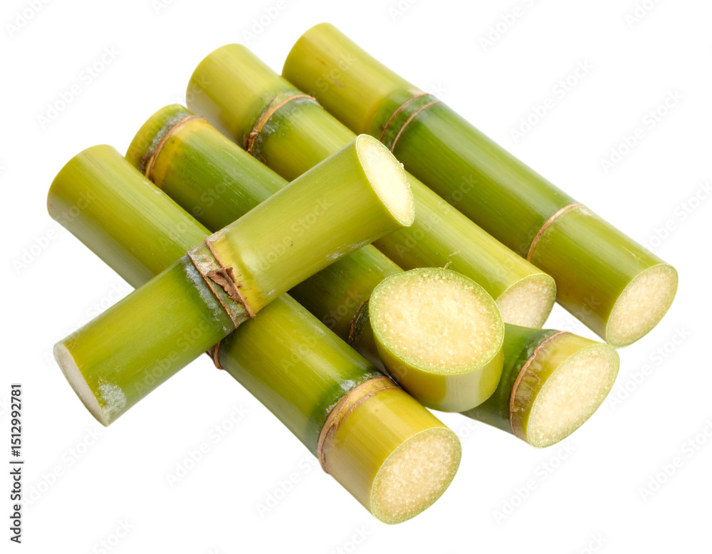 Fototapeta premium Sugarcane Stalks: Fresh sugarcane stalks, revealing a vibrant green hue and refreshing nature in a clear and close-up studio shot.
