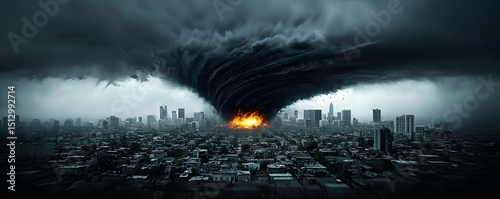 A massive hurricane with a fiery core, raging across an abandoned metropolis, extreme weather disaster, hyper-detailed atmospheric rendering, cinematic scale