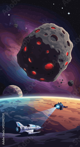A large asteroid with glowing cracks floats in the vastness of space. The image represents the danger of cosmic objects and the mysteries of the universe, with a vibrant cosmic background and nearby p