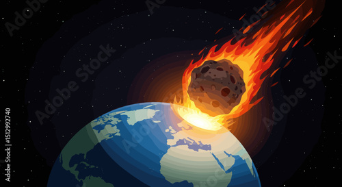 A fiery asteroid heading towards Earth, creating a dramatic and dangerous scenario. The visual represents an impending disaster from space.