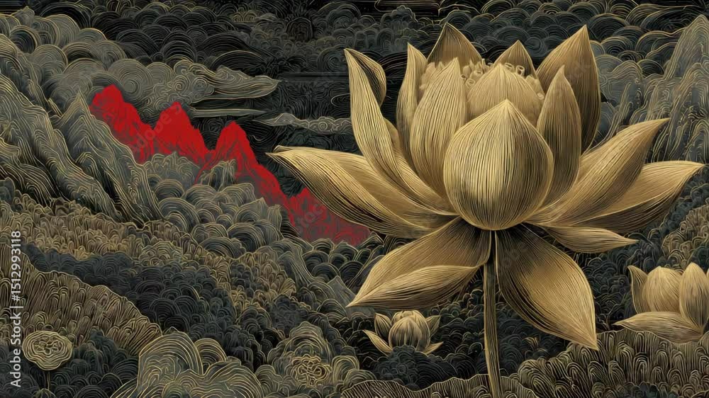 Golden lotus landscape and national style artistic conception