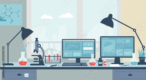  A clean and modern laboratory with scientific equipment, including test tubes, a microscope, and a computer. It illustrates a research environment dedicated to experiments and data analysis.