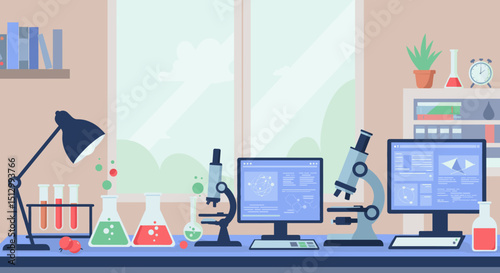  A clean and modern laboratory with scientific equipment, including test tubes, a microscope, and a computer. It illustrates a research environment dedicated to experiments and data analysis.