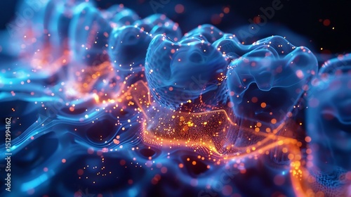 Futuristic self cleaning dental implant made of nanotech glowing particles interacting with the surface high tech sterile background