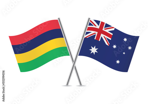 Mauritius and Australia crossed flags. Mauritian and Australian flags on a white background. Vector icon set. Vector illustration.