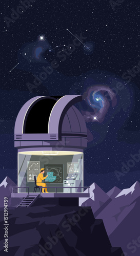 A high-tech telescope in space pointed toward the stars. The image suggests a theme of astronomical discovery, observation, and space exploration.
