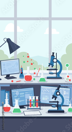 A clean and modern laboratory with scientific equipment, including test tubes, a microscope, and a computer. It illustrates a research environment dedicated to experiments and data analysis.