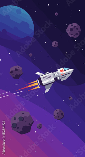 A spacecraft is seen traveling through deep space, passing by asteroids and other cosmic objects. The image suggests a sense of adventure and the possibilities of interstellar travel.