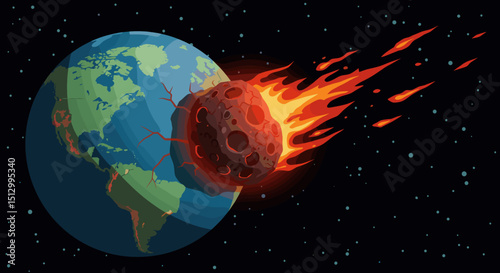A fiery asteroid heading towards Earth, creating a dramatic and dangerous scenario. The visual represents an impending disaster from space.